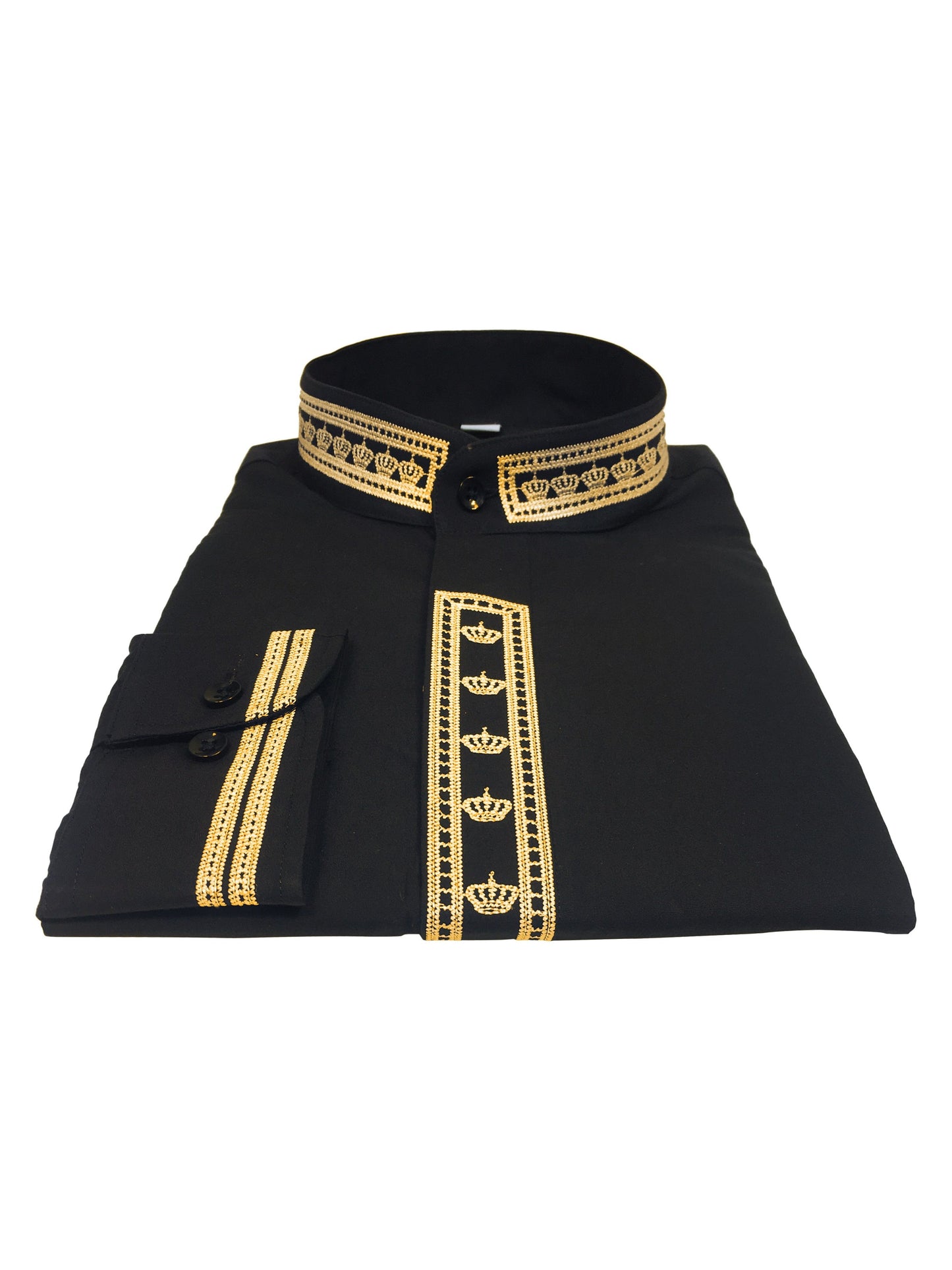 Men's Clergy Shirt With Rejoice Crown Fine Embroidery Long Sleeves- Black/Gold