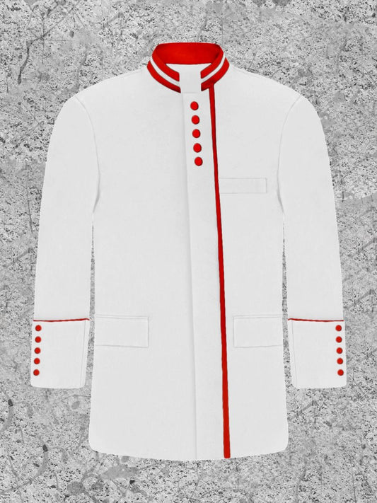 Men's Modern Button Frock Clergy Jacket - White with Red
