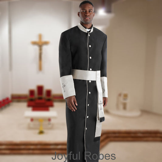 357 M. Men's Pastor/Clergy Robe - Black/White Cuff Matching Cincture Set