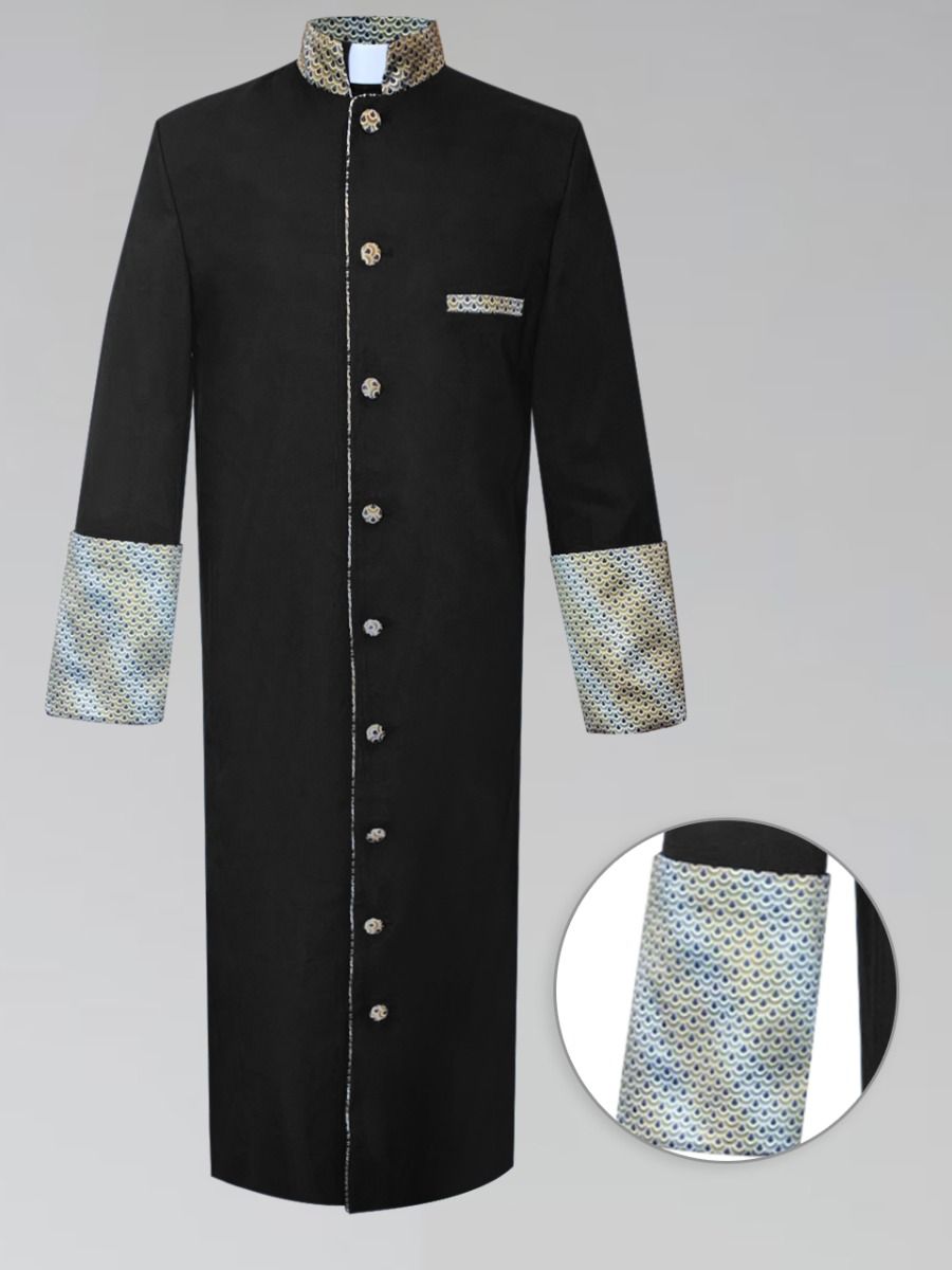 833 M. Men's Clergy Robe - Black with Custom Gold Tone Brocade