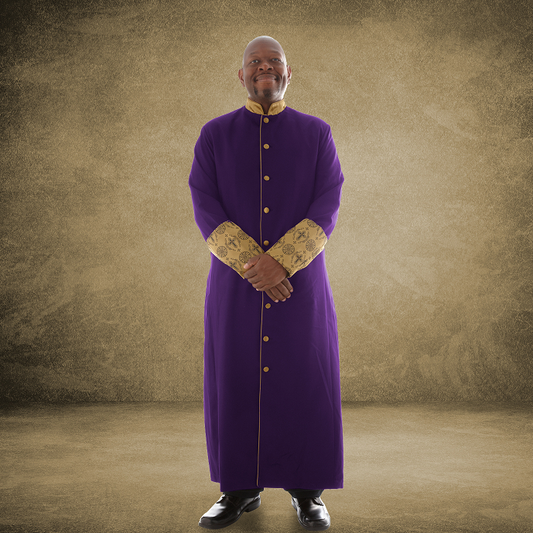 812 M. Men's Premium Pastor/Clergy Robe - Purple/Gold with Fancy Pleats