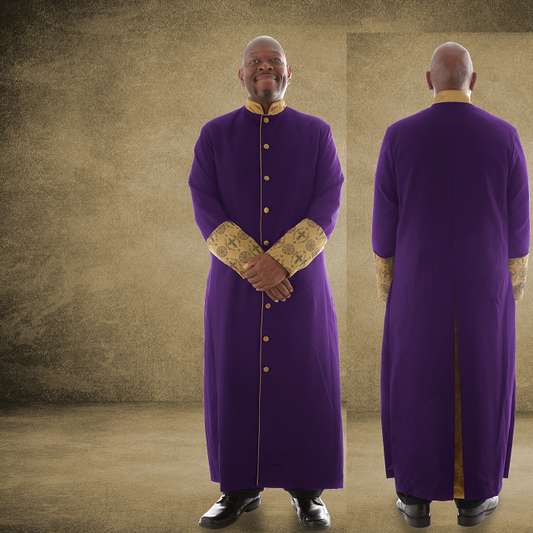 812 M. Men's Premium Pastor/Clergy Robe - Purple/Gold with Fancy Pleats