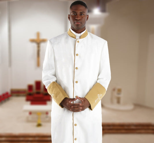 310 M. Men's Clergy Robe - White/Gold Cuffs
