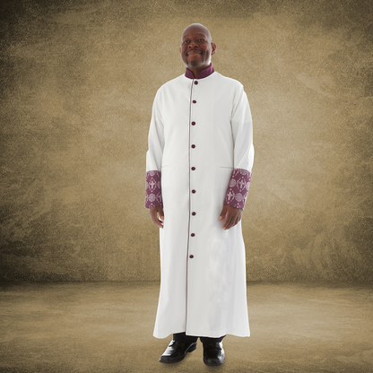 814 M. Men's Premium Pastor/Clergy Robe - White/Purple with Fancy Pleats