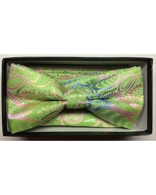 Men's Fashion Paisley Bow Tie + Hanky - Lime Green & Pink
