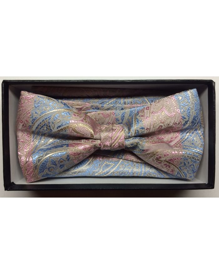 Men's Two-Tone Fashion Paisley Bow Tie + Hanky - Baby Blue & Pink