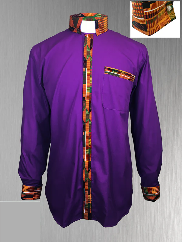 Custom Edition Kente Cloth Men’s Tab Collar Clergy Shirt Set - Purple
