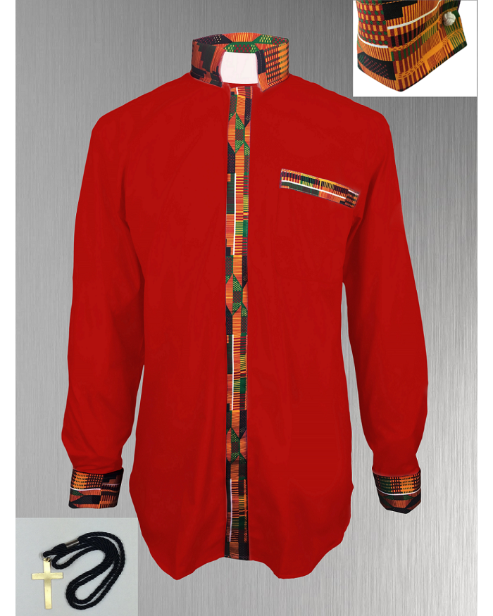 *Featured* Custom Edition Kente Cloth Men’s Tab Collar Clergy Shirt Set - Red