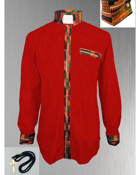 *Featured* Custom Edition Kente Cloth Men’s Tab Collar Clergy Shirt Set - Red