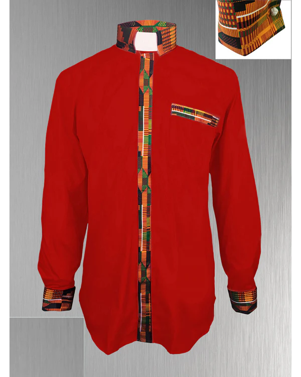 Custom Edition Kente Cloth Men’s Tab Collar Clergy Shirt Set - Red