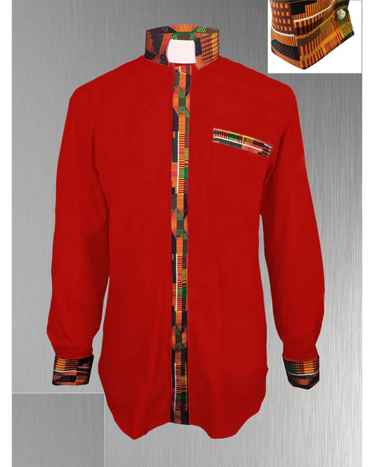 Custom Edition Kente Cloth Men’s Tab Collar Clergy Shirt Set - Red