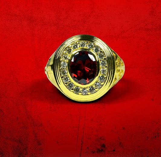Mens Premium Apostle Ring with Red Stone - Gold w/ Red