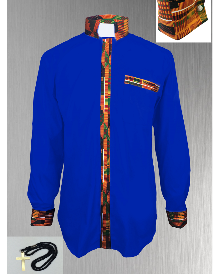 *Featured* Custom Edition Kente Cloth Men’s Tab Collar Clergy Shirt Set - Royal Blue