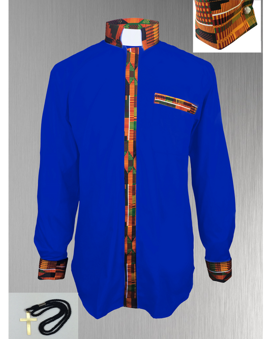 *Featured* Custom Edition Kente Cloth Men’s Tab Collar Clergy Shirt Set - Royal Blue