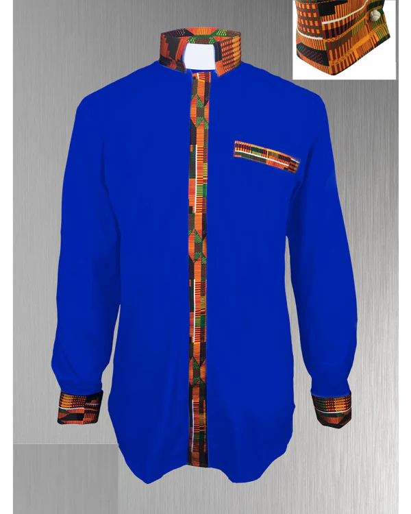 Custom Edition Kente Cloth Men’s Tab Collar Clergy Shirt Set - Royal Blue