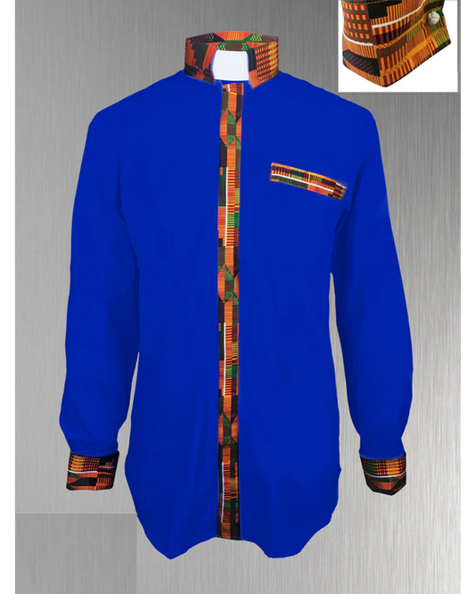 Custom Edition Kente Cloth Men’s Tab Collar Clergy Shirt Set - Royal Blue
