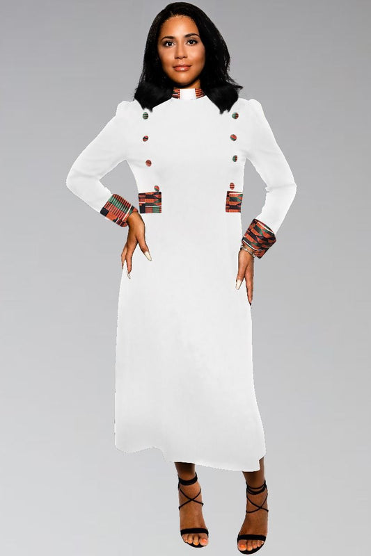 Women's Clergy Dress WHITE with African Kente Contrast & Designer Buttons