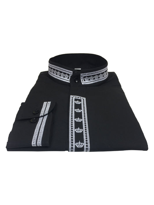341. Men's Clergy Shirt With Rejoice Crown Fine Embroidery Long Sleeves- Black/White
