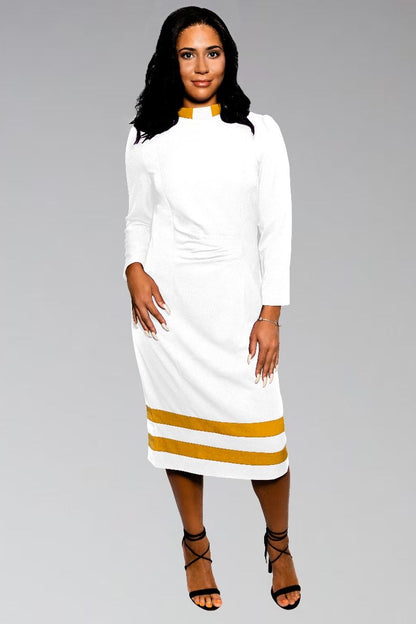 Women’s White Clergy Dress with Gold Contrast Bands and Collar 24