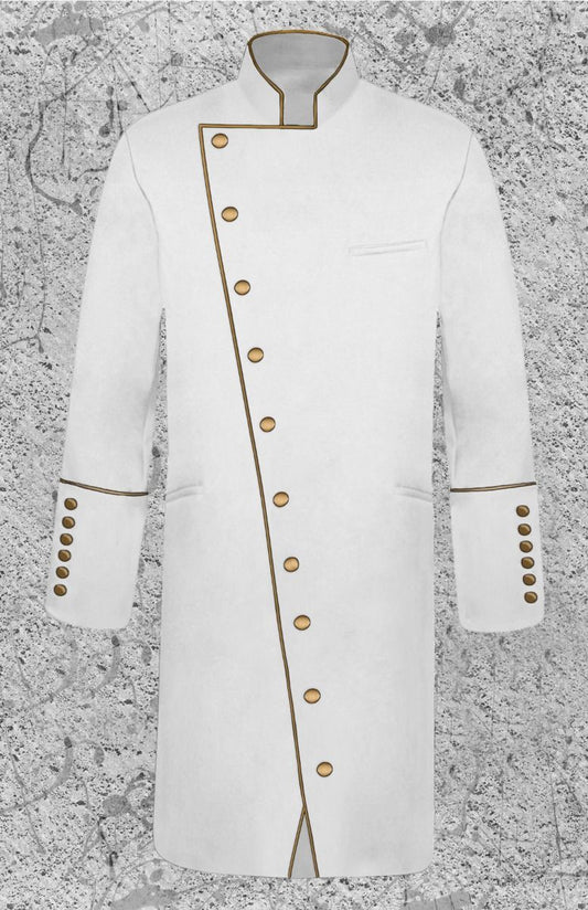 Men's Three-Quarter Double Breast Frock Clergy Jacket - White with Gold