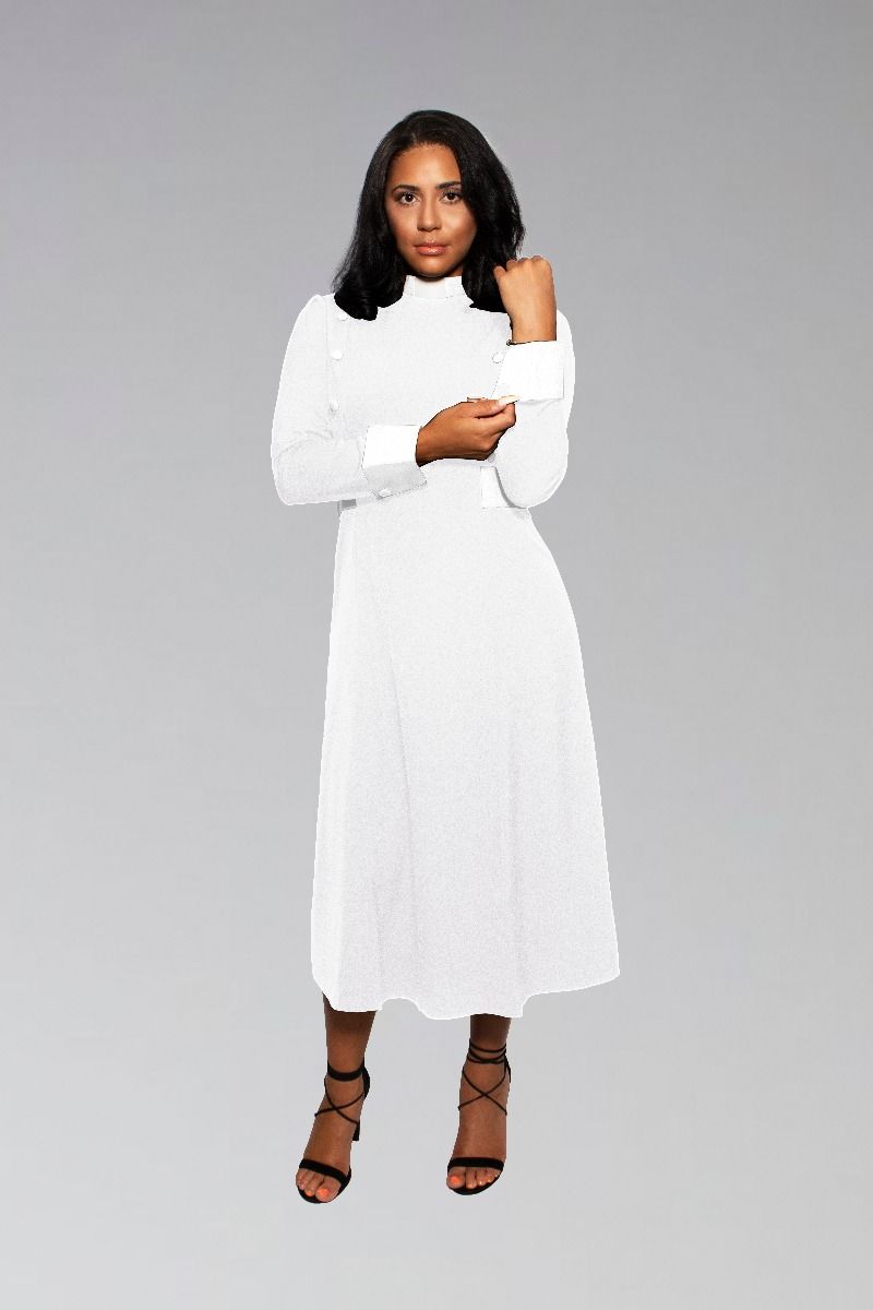 Women's Clergy Dress White with White Designer Buttons