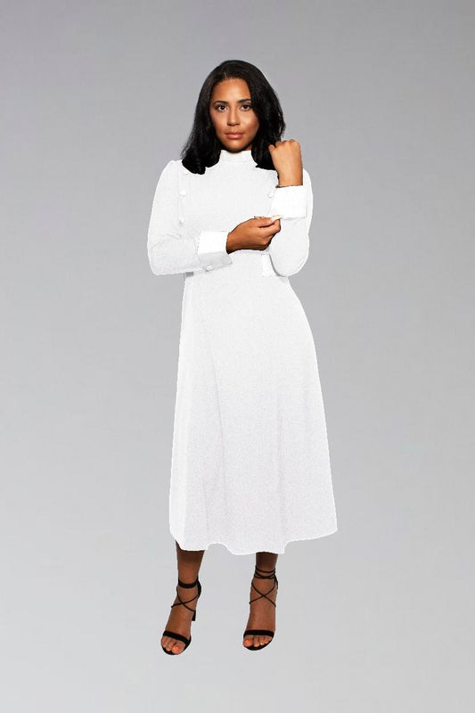 Women's Clergy Dress White with White Designer Buttons