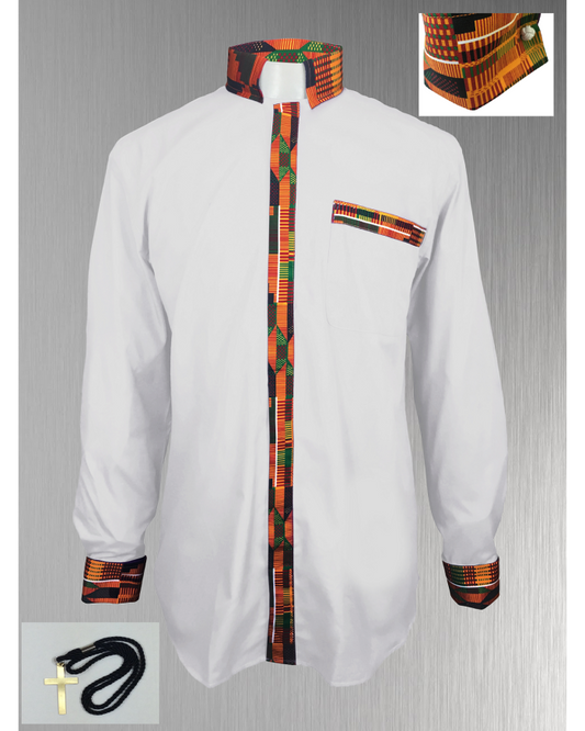 *Featured* Custom Edition Kente Cloth Men’s Tab Collar Clergy Shirt Set - White