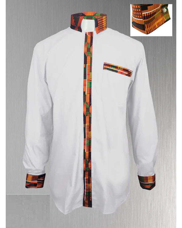 Custom Edition Kente Cloth Men’s Tab Collar Clergy Shirt Set - White