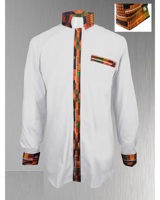 Custom Edition Kente Cloth Men’s Tab Collar Clergy Shirt Set - White
