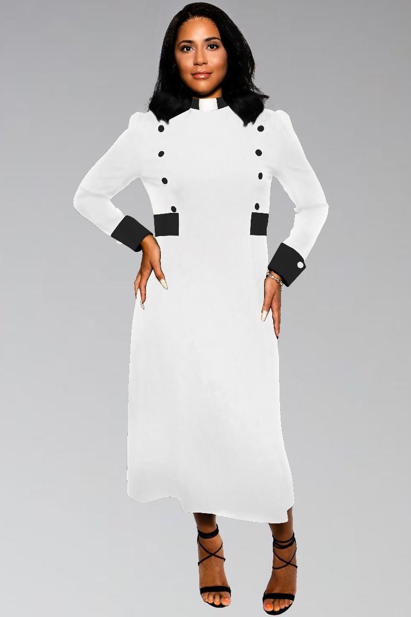 Women's Clergy Dress White with Black Designer Buttons