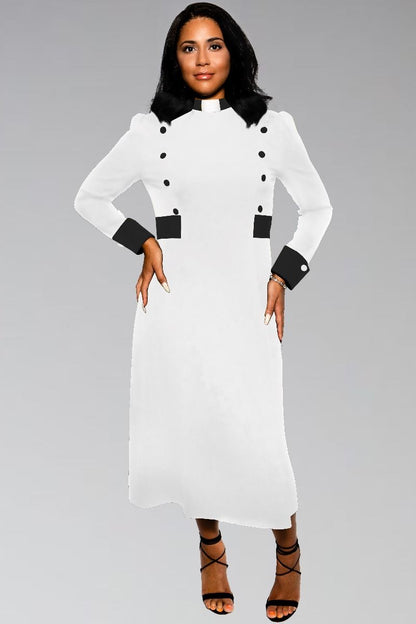 Women's Clergy Dress White with Black Designer Buttons