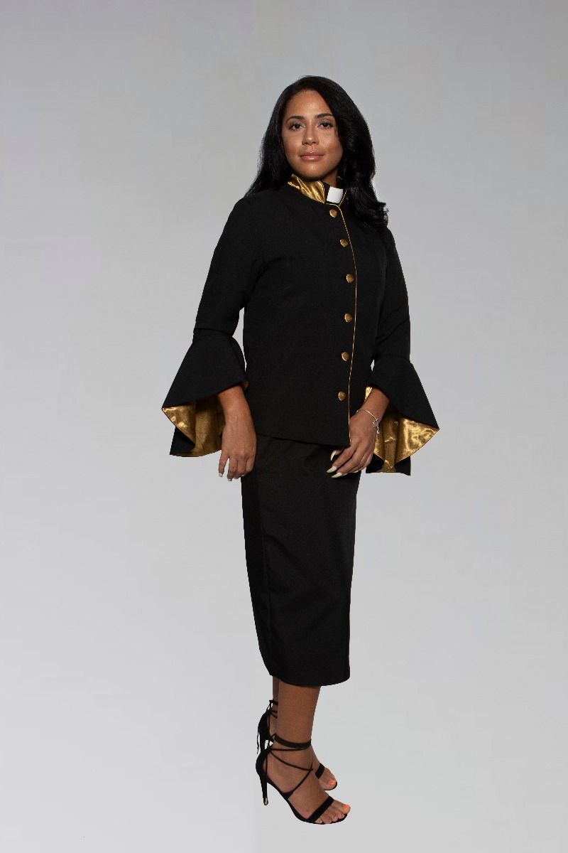 Women's Clergy Suit - Black/Gold Flared Sleeve