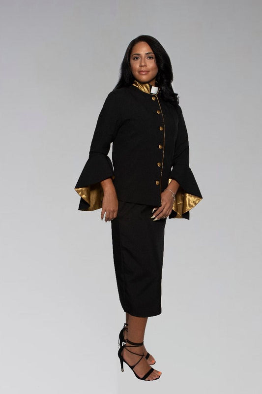 790 W. Women's Clergy Suit - Black/Gold Flared Sleeve