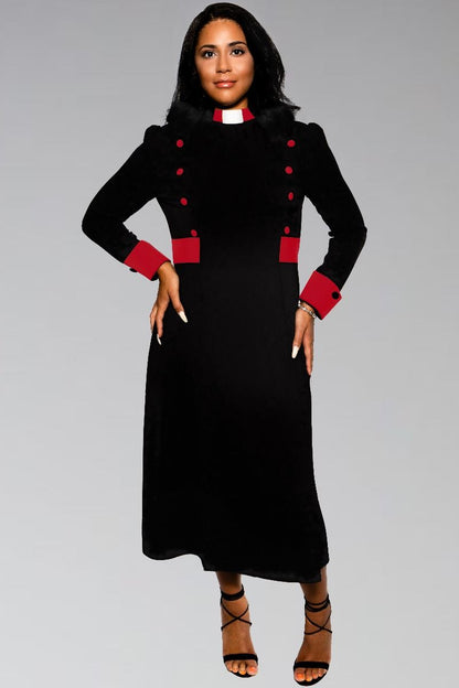 Women's Clergy Dress Black with Red Designer Buttons