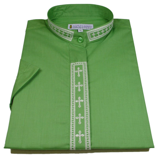 362. Men's Short-Sleeve Clergy Shirt With Fine Embroidery - Light Blue/White.