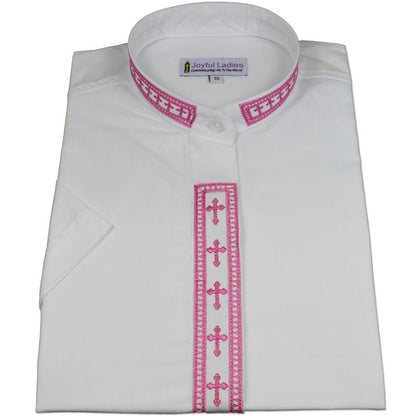 758. Women's Short-Sleeve Clergy Shirt With Fine Embroidery - White/Fuchsia