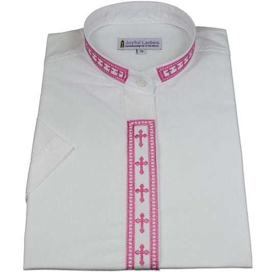 758. Women's Short-Sleeve Clergy Shirt With Fine Embroidery - White/Fuchsia