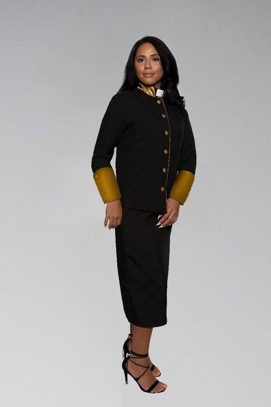 792 W. Women's Clergy Suit - Black/Gold Stately Satin Cuffs