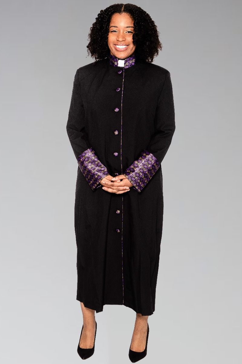 829 W. Ladies Clergy Robe - Black with Special Purple/Gold Brocade