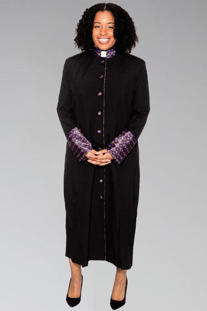 829 W. Ladies Clergy Robe - Black with Special Purple/Gold Brocade