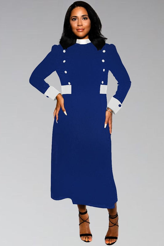 Women's Clergy Dress Royal with White Designer Buttons