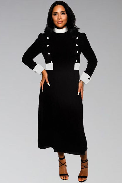 Women's FULL Collar Clergy Dress Black with White Designer Buttons FULL Collar Women's FULL Collar Clergy Dress Black with White Designer Buttons FULL Collar