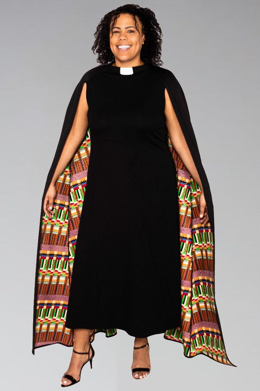 Women's Clergy Dress - Black with Modern Kwangali CAPE