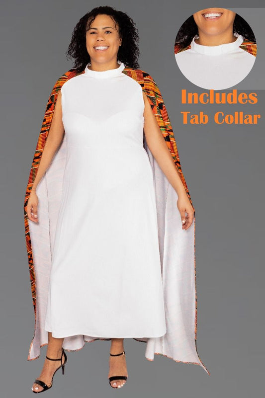 Ladies Clergy Dress - White with Modern Kente CAPE