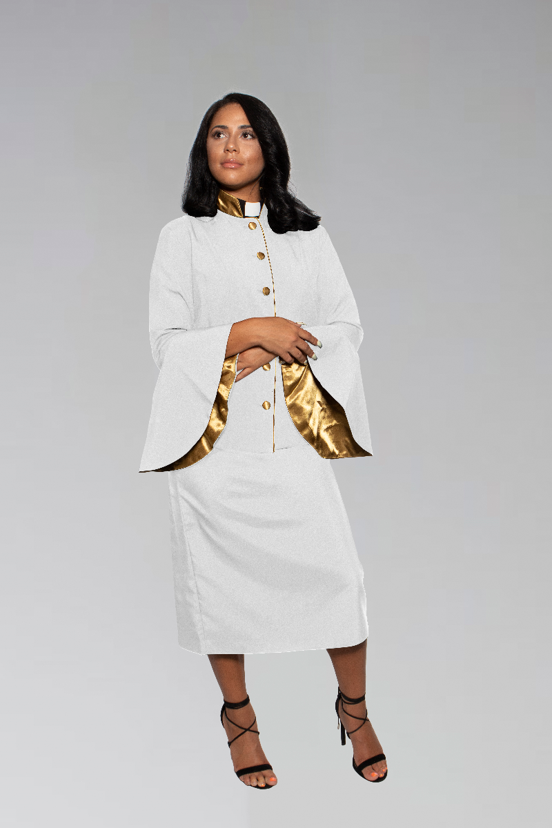Women's Clergy Suit - White/Gold Flared Sleeve