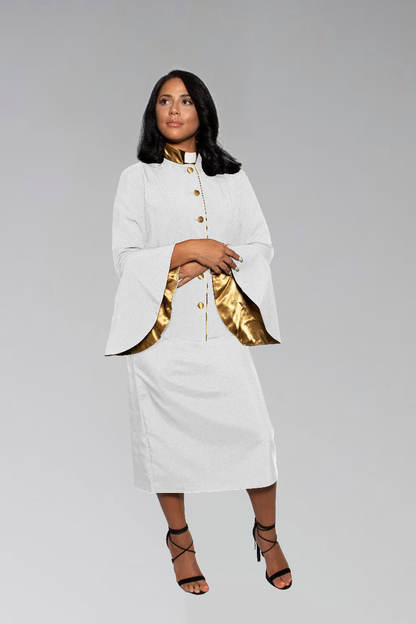 Women's Clergy Suit - White/Gold Flared Sleeve