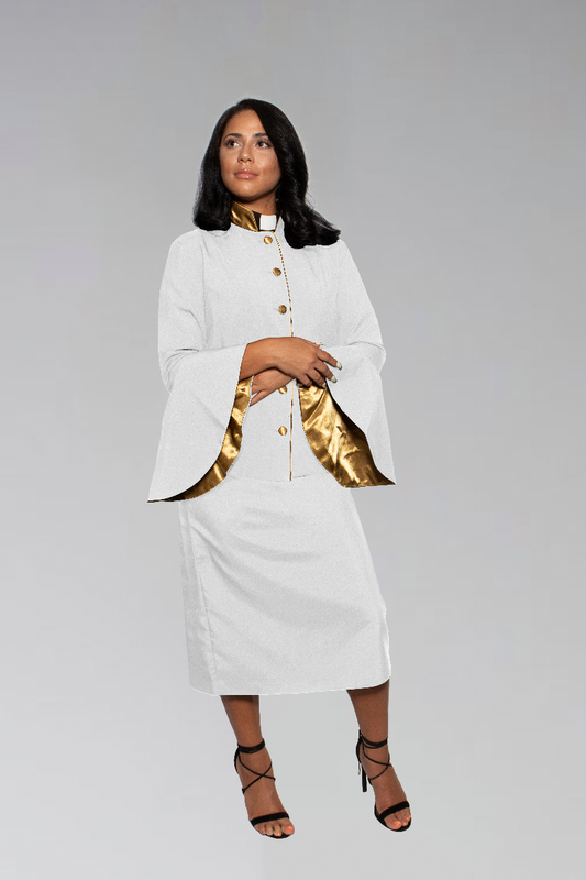 784 W. Women's Clergy Suit - White/Gold Flared Sleeve